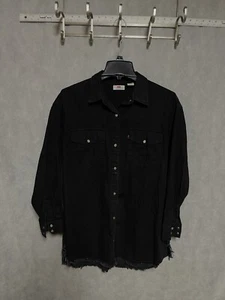 Levi's Denim Shirt Women S Black Jean Pearl Snap Fray Oversized Cowgirl Western - Picture 1 of 14