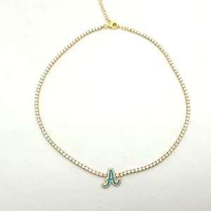 New Adinas Jewels Sterling Silver Gold Tone Blue Enamel "A" CZ Tennis Necklace - Bild 1 von 8