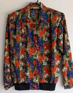 Vintage Ecru Jacket Women's Sz 14 Floral Button Up Long Sleeves Shoulder Pads - Imagen 1 de 9