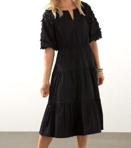Chico's Poplin Fringe Puff Sleeve Midi Dress Size 1.5 US 10 Black Split Neck - Picture 1 of 13