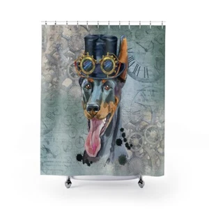 Doberman Pinscher Dog Watercolor Steampunk Theme Bathroom USA Shower Curtain - Picture 1 of 4