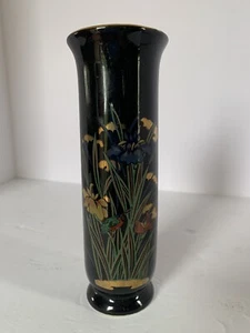 Vtg Otagiri Ceramic Vase Crown IRIS W/Black Background & Gold Accents 6.5" Japan - Picture 1 of 4