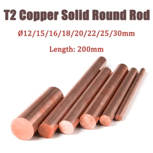 T2 Copper Solid Round Rod Metal Bar Length: 200mm Ø12/15/16/18/20/22/25/30mm - Picture 1 of 6