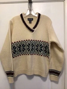 Unisex Land’s End weißer Woll Vintage V-Ausschnitt Pullover mit Schneeflockenmuster Gr. S - Bild 1 von 3