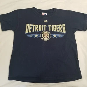 Detroit Tigers T-Shirt Size M Youth Navy Blue Majestic History Tickets - Picture 1 of 5