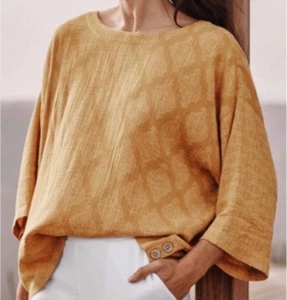 PURE JILL J.JILL Womens S P 100% Cotton Crinkle Gauze Mustard Top Boho Lagenlook - Picture 1 of 5