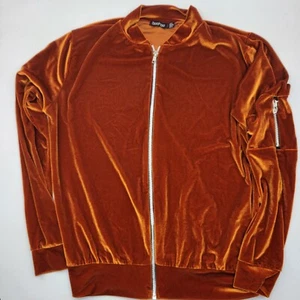 Boohoo Womens Orange Velvet Long Sleeve Zip Up Size 4 Zip Arm Pocket - Picture 1 of 7