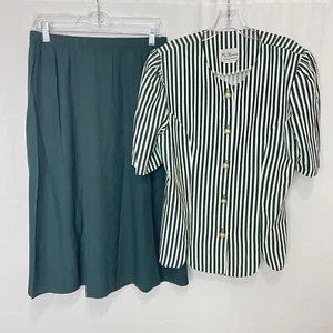 Vintage Ms. Basia Women’s Blouse/Skirt Two-Piece Green Strip Short Sleeve 12 - Picture 1 of 8
