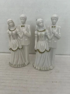Braut und Bräutigam Kuchen Topper Weiß Keramik mit Goldrand 5" 2X - Bild 1 von 7