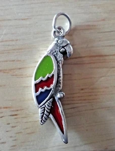 Sterling Silver 3D 26x10mm Green Red Blue Parrot Bird Charm - Picture 1 of 7
