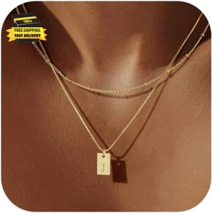 Initial Necklace for Women, 14K Real Gold Plated Layered Letter Pendant Necklace - Picture 1 of 7