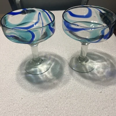 Cobalt Blue & Green Swirl Hand Blown Glass Margarita Glass 6⅞" Tall set of 2 B5 - Image 1 of 4