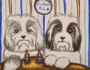 Lowchens at the PUB Hund Kunstdruck 13x19 vom Künstler KSams Bier - Bild 1 von 2