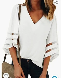 BLENCOT Womens 3/4 Bell Sleeve Fashion V Neck Lace Patchwork Blouse Casual Loose - Picture 1 of 6