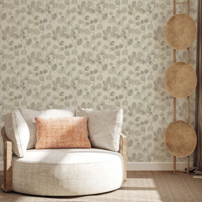 Papel Pintado 3D Latón Oliva Tostado Crema Eucalipto Hojas de Sendero Tela Sintética Texturizado Foto 1 de 4