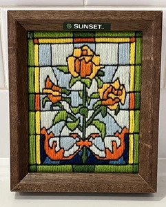 Vintage Framed Embroidered Yellow Roses Stained Glass Hanging Wall Art MCM 6X5 - Picture 1 of 7