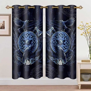 Cortinas de cuervo vikingo hacha nórdica símbolos místicos runas arte apagón ventana cortina... - Imagen 1 de 9