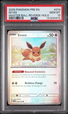 2025 POKEMON PRISMATIC EVOLUTIONS #074 EEVEE MASTER BALL REVERSE HOLO PSA 10 - Image 1 of 2