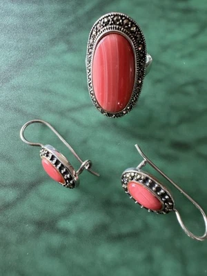 Set di gioielli da donna orecchini anello in argento con corallo - Immagine 1 di 4