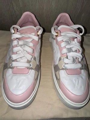 Louis Vuitton Damier Azur Time Out Embossed Sneakers Rose Clair Pink, Size 38 - Image 1 of 4