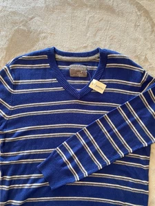 Aeropostale Pullover Herren mittelblau grau gestreift V-Ausschnitt Wollmischung A87 Neu - Bild 1 von 11