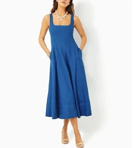 Lily Pulitzer Calina Linen Blue Dress Sz 6 Sleeveless Square Neck Fit & Flare - Picture 1 of 15