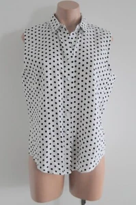 David Jones Shirt Top Womens Medium White Blue Pokadlot Collar Linen - Picture 1 of 14