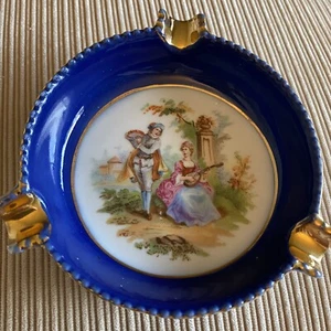 Ashtray Czechoslovakia Porcelain Victorian Couple Serenade Awesome Color Blue - Picture 1 of 9