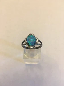 Black RHODIUM PLATED BLUE FIRE OPAL  Crystal Gemstone RING SIZE 9-R5605 - Picture 1 of 4