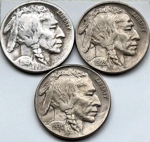 BUFFALO NICKEL TRIO - 1930 AU, 1929 XF+/AU-, 1919-D VG - FREE SHIPPING! - Picture 1 of 2