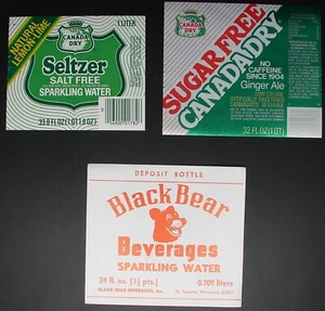 Soda Bottle Labels NOS - Canada Dry Sugar Free Ginger Ale, Seltzer & Black Bear - Picture 1 of 2
