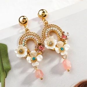 Women Earrings Long Flower Pendant Bohemian Style Crystal Pearl New Jewelry Gift - Picture 1 of 12