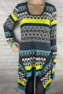 ECI Pointed Hem Tunic Medium Black White Teal Neon Green Patterned Striped Top - Picture 1 of 12