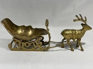 VTG Solid Brass MCM Mid Century Modern Christmas Reindeer & Sleigh - Picture 1 of 7