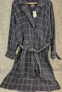 Abercrombie & Fitch Women's XL Trench Coat Navy Plaid Lined Belted Retro Y2K NEW - Picture 1 of 22