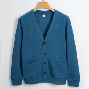 Blau Baumwolle Unisex Winter Strickjacke V-Ausschnitt Freizeit Freizeit Jacke Pullover - Bild 1 von 4