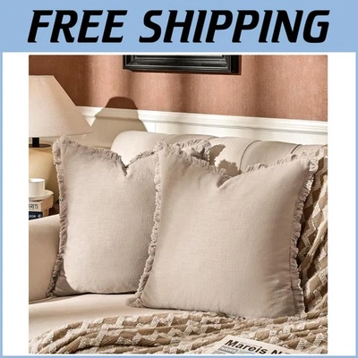 Cozy Set of 2 Elegant Fringed Beige Pillow Covers - 20x20-Inch Zipper Design - Image 1 of 4