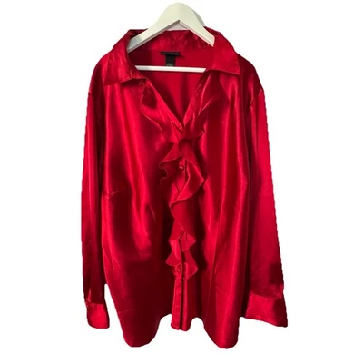 Maggie Barnes Button Up Top Womens Size 4X 30 32 Red Satin Ruffle Stretch Party - Image 1 of 4