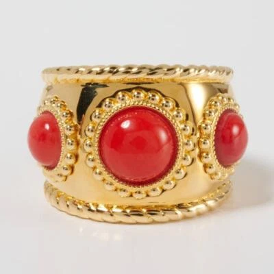 Anillo de Cóctel Oro Amarillo Vermeil Coral Rojo Banda Ancha Borde Cuerda Talla 7.75 Foto 1 de 4