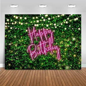 7x5ft Green Leaves Happy Birthday Backdrop Greenery Pink Birthday Party Decor... - Picture 1 of 7