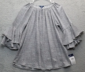 Chaps Blouse Top Womens Small Multi Floral Career Pleated Bell Sleeve Round Neck - Picture 1 of 8