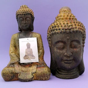 Set Buddha-Figur Meditation & Buddha Kopf mit Weisheits-Symbolik aus Polyresin - Bild 1 von 20