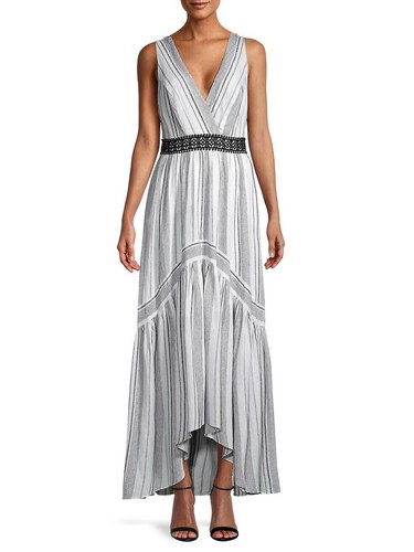 OFF WHITE Abito alto basso a righe misto lino BCBGMAXAZRIA collo a sorpresa taglia 4 $228 nuovo con etichette