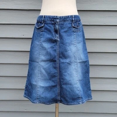 Vintage 90s y2k Bass Faded Denim A-Line Midi Knee Length Jean Skirt 6 - Image 1 of 4