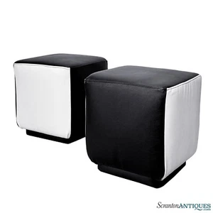 Mid-Century Retro White & Black Vinyl Cube Ottomans - A Pair - Picture 1 of 8