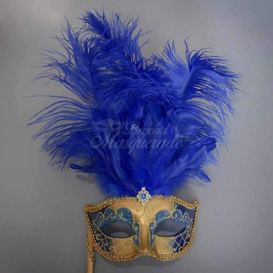 Handheld Stick Mask | Feather Masquerade Mask M6150 Gold Blue - Image 1 of 4
