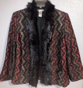 Alberto Makali Open Chevron Stripe Faux Fur Trim Knit Lined Sweater Jacket Gr. M - Bild 1 von 4