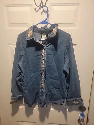 Bob Mackie Wearable Art Around the Maypole Embroidered Denim Shirt Jacket MED - Image 1 of 3