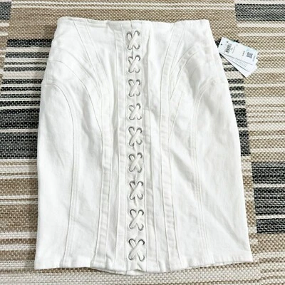 Guess Eco Women's Cecila Denim Midi Skirt Criss Cross White Zip Up Size 29 - Image 1 of 4