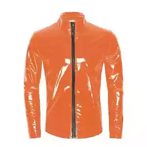 Men Moto Zipper Jacket Tops Glossy PVC Leather Jacket Outdoor Golf Coat Costumes - Picture 1 of 23